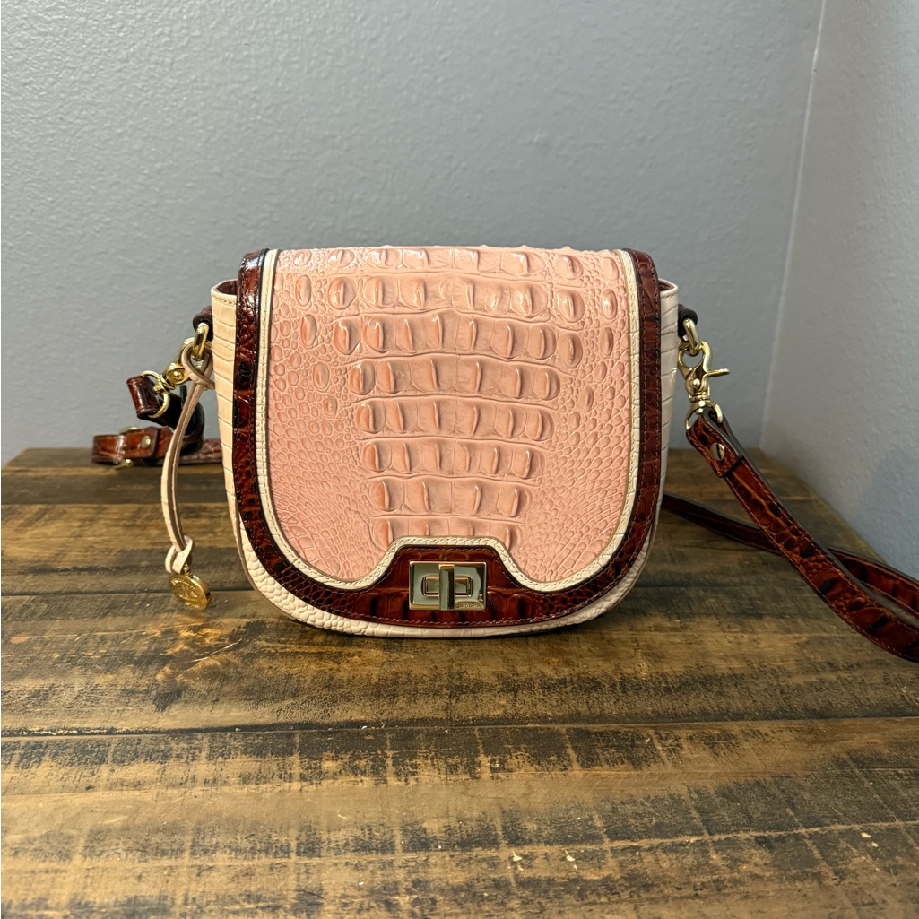Brahmin Pink And Brown Croc-Embossed Crossbody Bag